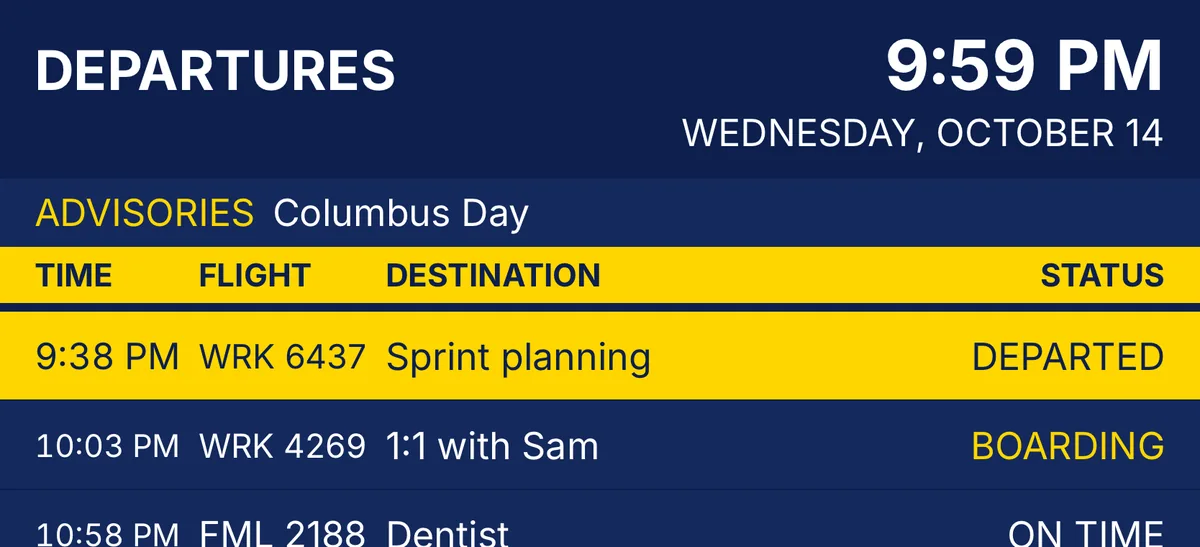 Modern Departures theme: navy board with white text and a yellow bar